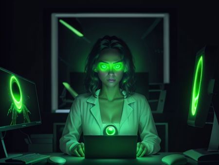 00022-3850201355-1 woman, 4k, UHD, absurdres, StareWare,_ looking at screen, desktop computer, dark room, lit by screen, soft glow, green [glowin.jpeg
